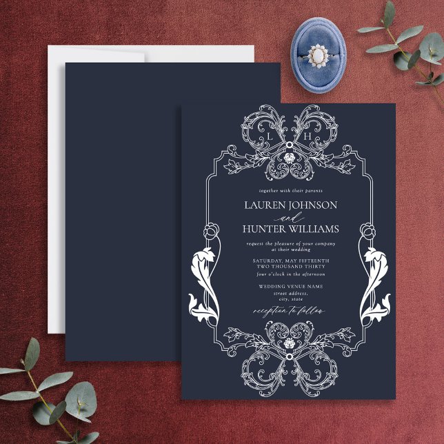 Invitación Boda Monograma de la Línea Azul Floral de la Marin (Subido por el creador)