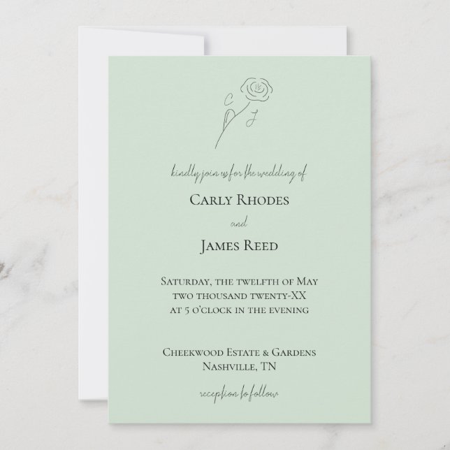 Invitación Boda Monograma de la línea de flor verde claro (Anverso)