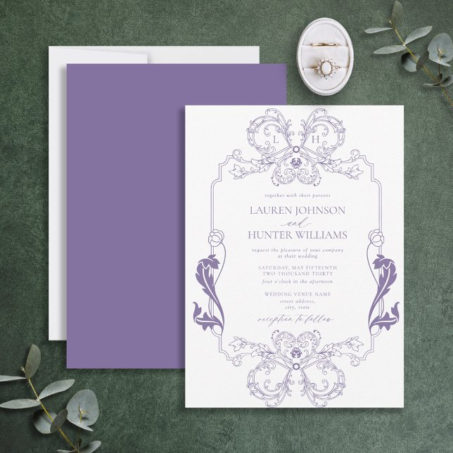 Invitación Boda Monograma de la Línea Ornate Lavender Floral (Subido por el creador)