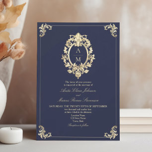 Invitación Boda Monograma de la Marina Azul de Barroco