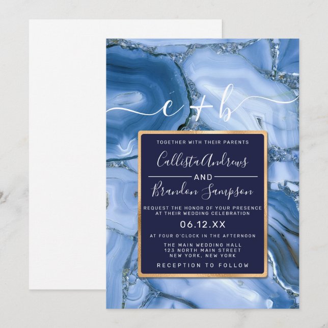 Invitación Boda Monograma de la Marina Azul de la Marina mode (Anverso / Reverso)