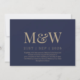 Invitación Boda Monograma de la Marina Azul de Oro Moderno