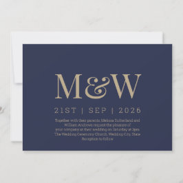 Invitación Boda Monograma de la Marina Azul de Oro Moderno