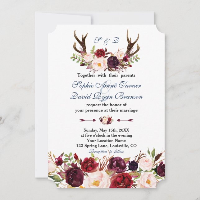 Invitación Boda Monograma de la Marina Floral de Borgoña (Anverso)