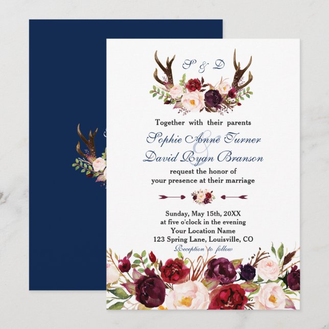 Invitación Boda Monograma de la Marina Floral Rosa de Borgoña (Anverso / Reverso)