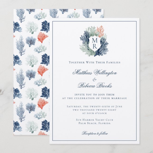 Invitación Boda Monograma de la Playa del Océano Marino Náuti (Anverso / Reverso)