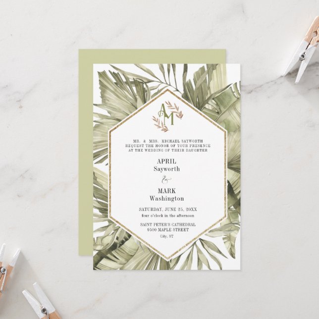 Invitación Boda Monograma de la vegetación de hojas de palma  (Anverso/Reverso In Situ)