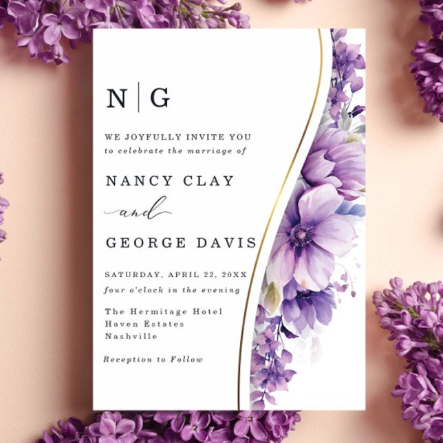 Invitación Boda Monograma de las flores púrpura de oro modern (Subido por el creador)