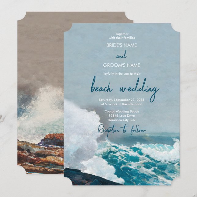 Invitación Boda Monograma de las olas oceánicas de la playa d (Anverso / Reverso)