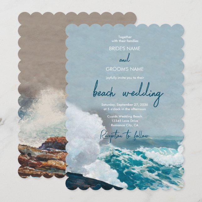 Invitación Boda Monograma de las olas oceánicas de la playa d (Anverso / Reverso)