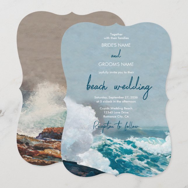 Invitación Boda Monograma de las olas oceánicas de la playa d (Anverso / Reverso)