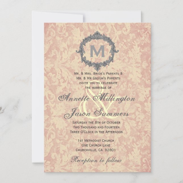 Invitación Boda monograma de marco de cosecha plateada de Dam (Anverso)