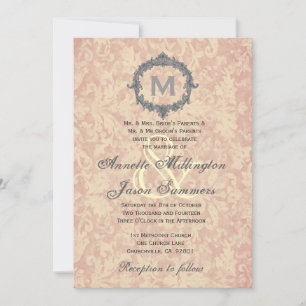 Invitación Boda monograma de marco de cosecha plateada de Dam