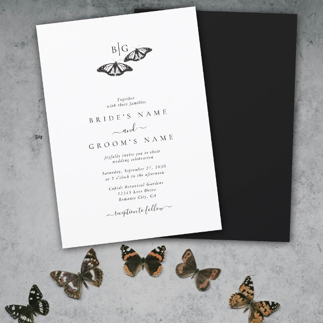 Invitación Boda monograma de mariposa blanca minimalista (Minimalist Black White Butterfly Monogram Wedding Invitation)