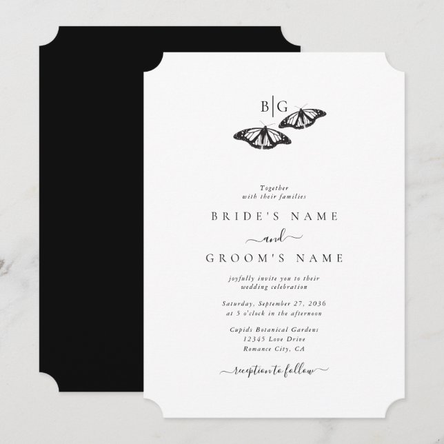 Invitación Boda monograma de mariposa blanca minimalista (Anverso / Reverso)