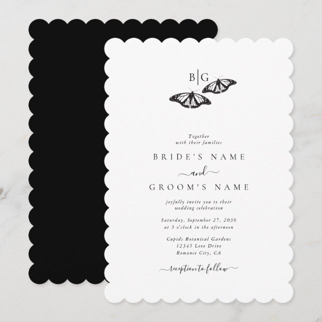 Invitación Boda Monograma de Mariposa Blanco Negro Minimalist (Anverso / Reverso)