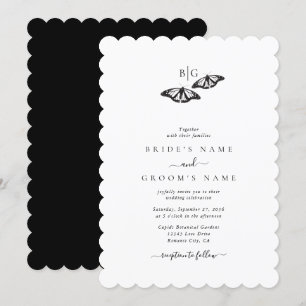 Invitación Boda Monograma de Mariposa Blanco Negro Minimalist