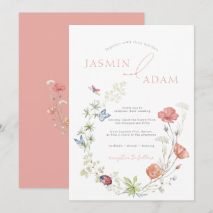 Invitación Boda Monograma de Mariposa Flor Silvestre Coral
