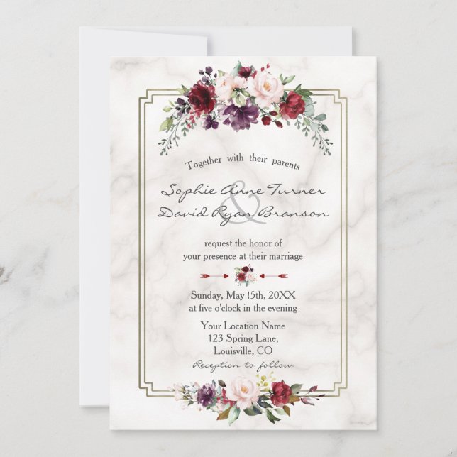 Invitación Boda Monograma de Mármol de oro floral de Borgoña  (Anverso)