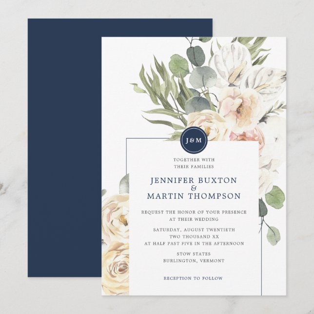 Invitación Boda Monograma de Navy & Ivory Floral Eucalyptus (Anverso / Reverso)