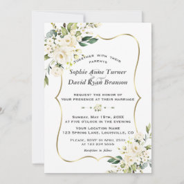 Invitación Boda Monograma de Oro de Flores Blancas Únicas