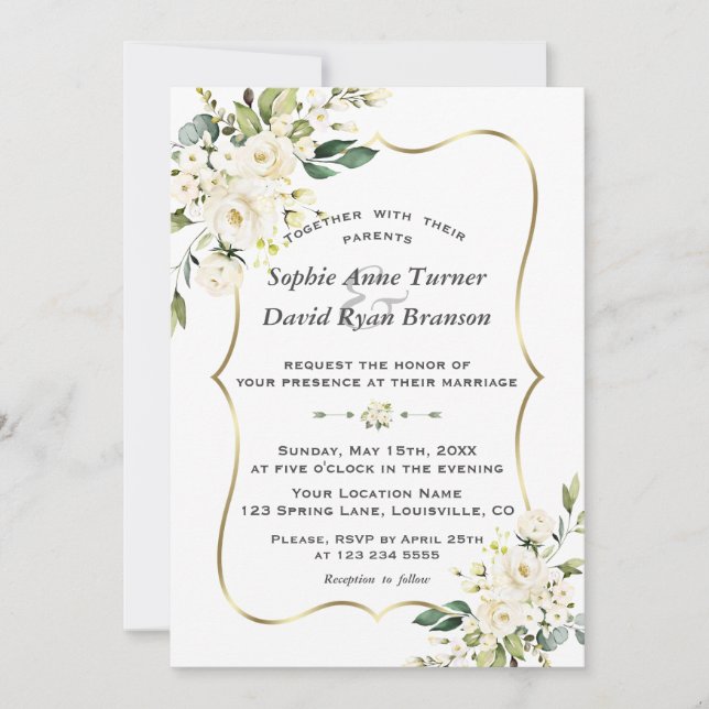 Invitación Boda Monograma de Oro de Flores Blancas Únicas (Anverso)