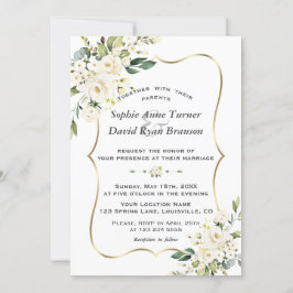 Invitación Boda Monograma de Oro de Flores Blancas Únicas