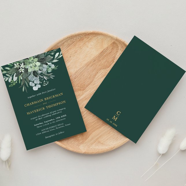 Invitación Boda Monograma de oro de hoja verde de verde esmer (Subido por el creador)