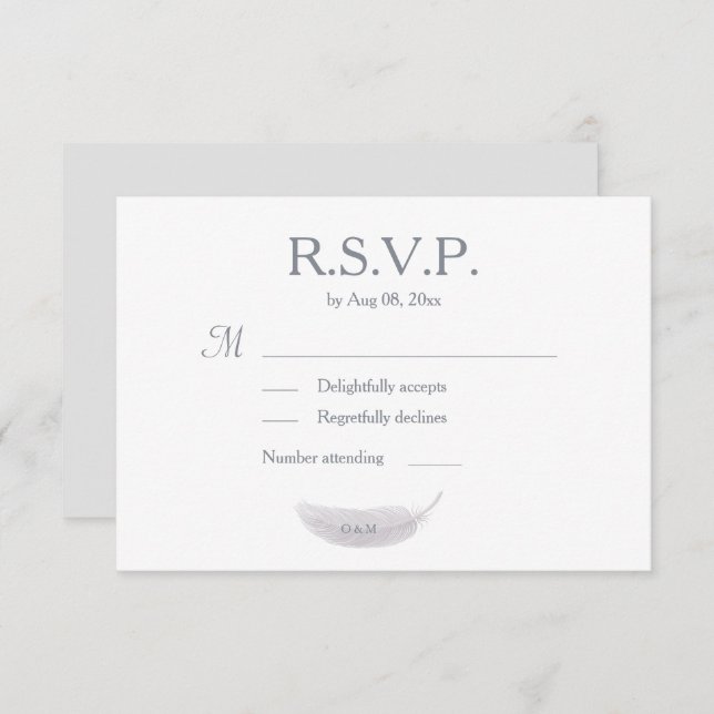 Invitación Boda Monograma de plumas de ángel gris blanco RSVP (Anverso / Reverso)
