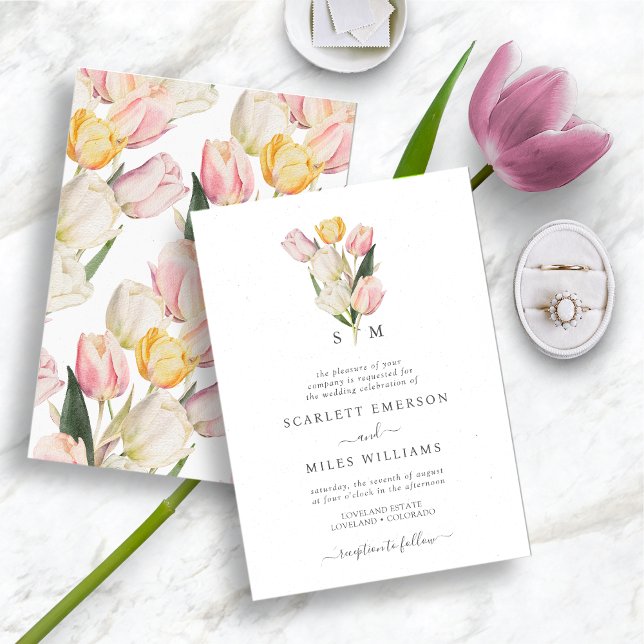 Invitación Boda monograma de primavera (Watercolor Monogrammed Spring and Summer Tulip Wedding Invitation by Painted Paperie)