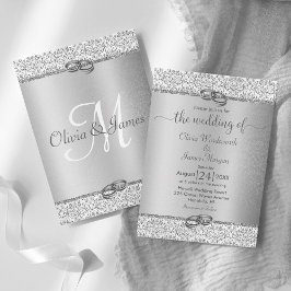 Invitación Boda Monograma de Purpurina metálico plateado