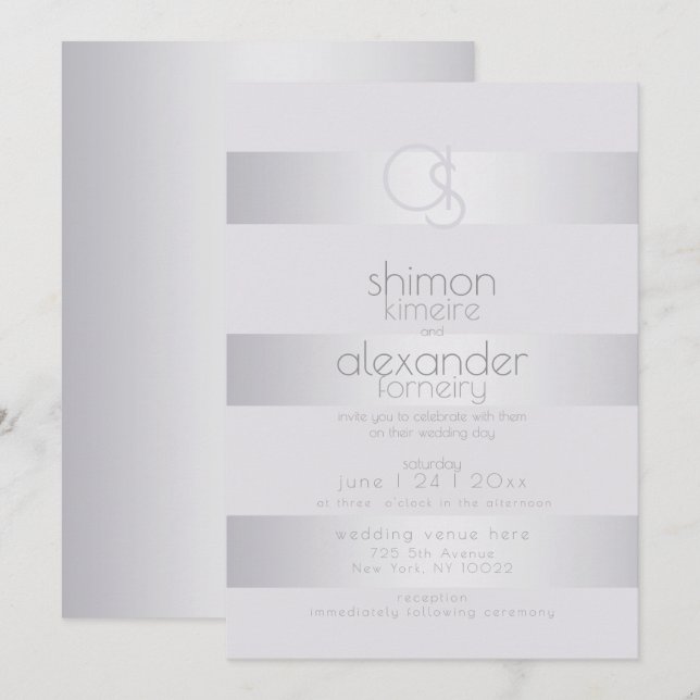 Invitación Boda | Monograma de raya violeta plateada (Anverso / Reverso)