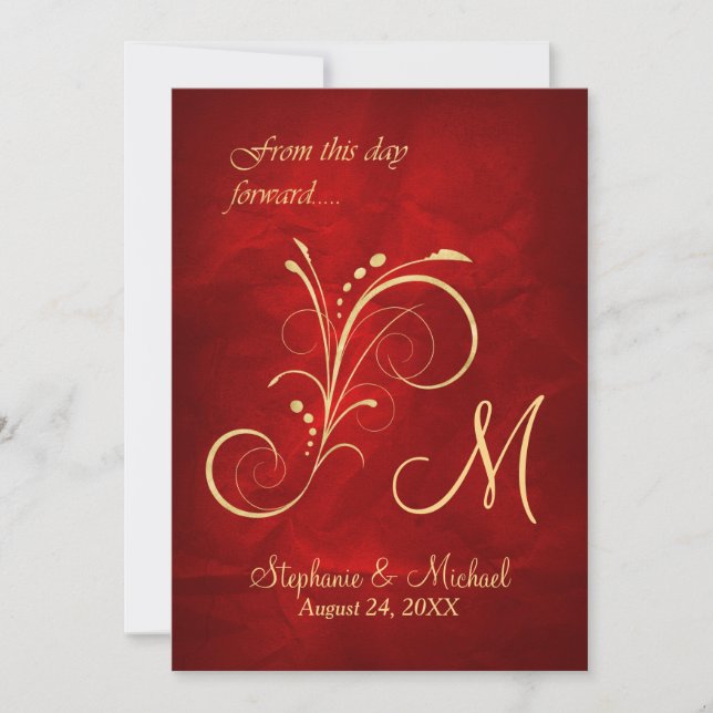Invitación Boda Monograma de Red Gold Swirl (Anverso)