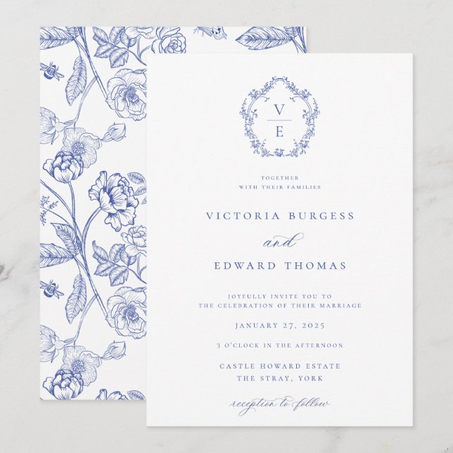 Invitación Boda Monograma de Regency Blue Escudo (Anverso / Reverso)