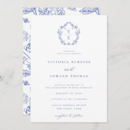 Invitación Boda Monograma de Regency Blue Escudo