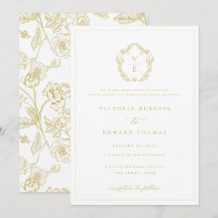 Invitación Boda Monograma de Regency Era Gold Escudo