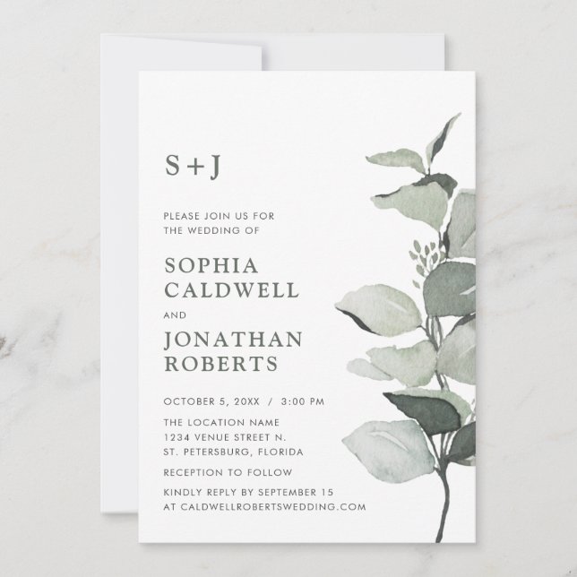 Invitación Boda Monograma de RSVP Eucalyptus (Anverso)