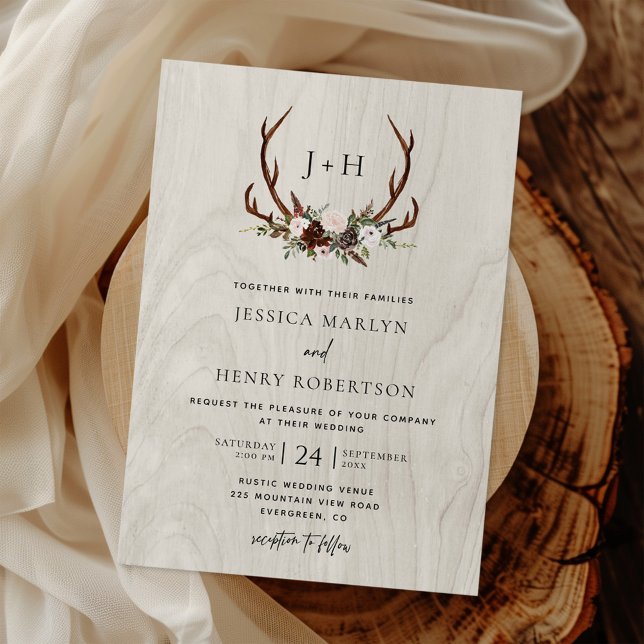 Invitación Boda Monograma de Rustic Wood Boho Antlers (Subido por el creador)