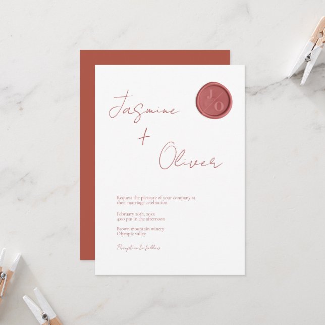 Invitación Boda monograma de sello de cera de terracota de Bo (Anverso/Reverso In Situ)