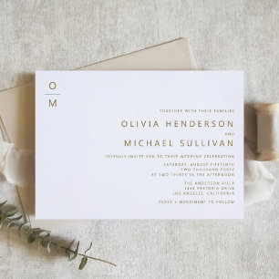 Invitación Boda monograma de tipografía Minimalista de oro