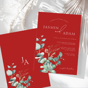 Invitación Boda Monograma de Verde de Eucalipto Rojo Elegante
