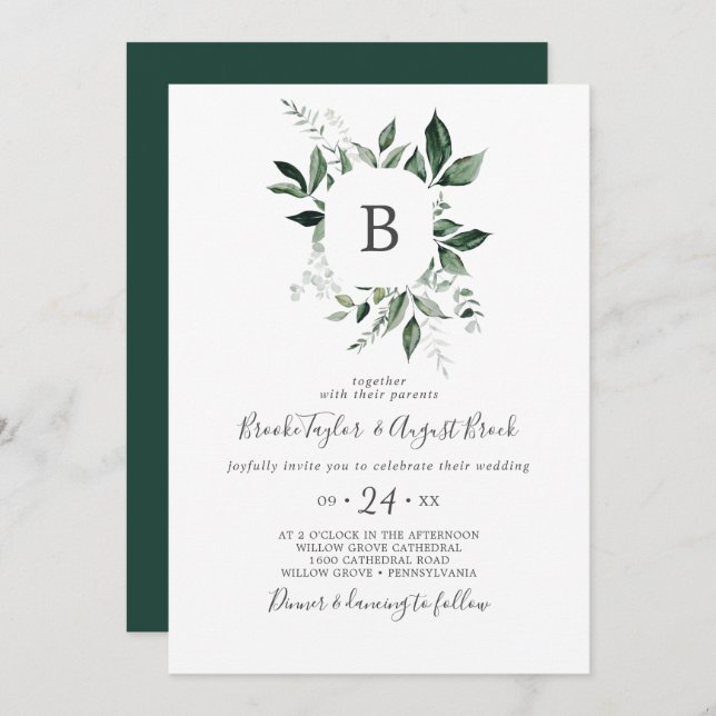 Invitación Boda Monograma de verde esmeralda (Anverso / Reverso)