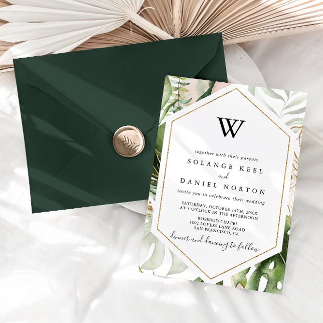 Invitación Boda Monograma de Verdor Tropical de Oro Geométric (Subido por el creador)