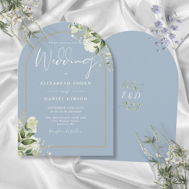 Invitación Boda Monograma del Arco de Oro de la vegetación Az (Dusty Blue Greenery Gold Arch Monogram Wedding Invitation)