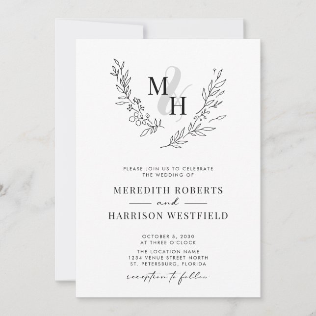 Invitación Boda Monograma del código QR de Wreath de Laurel B (Anverso)