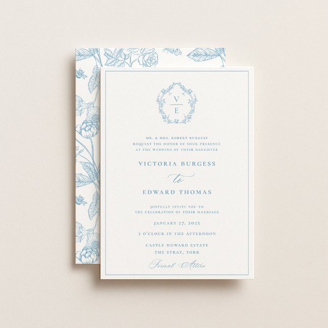 Invitación Boda Monograma del Escudo azul del cielo azul (Subido por el creador)