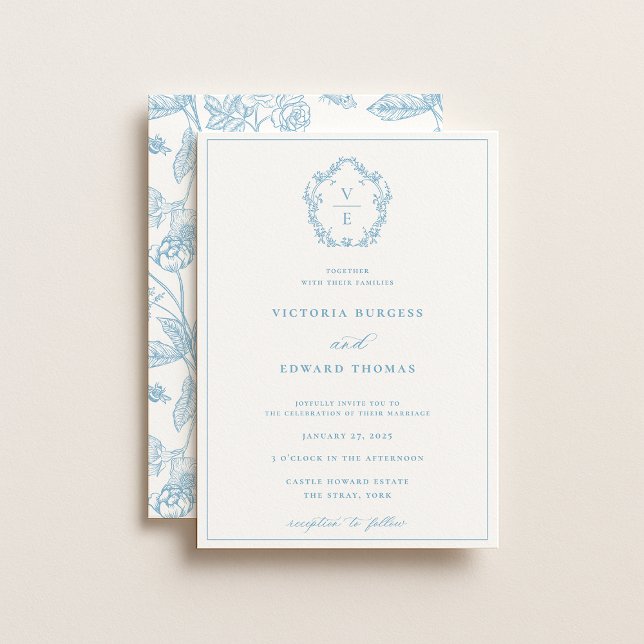 Invitación Boda Monograma del Escudo azul del cielo azul (Subido por el creador)