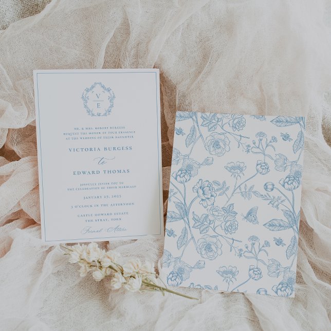 Invitación Boda Monograma del Escudo azul del cielo azul (Subido por el creador)