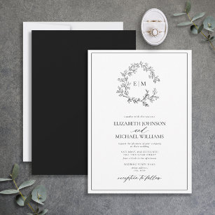 Invitación Boda Monograma del Escudo de Leafy Negro Blanco