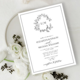 Invitación Boda Monograma del Escudo de Leafy Negro Blanco